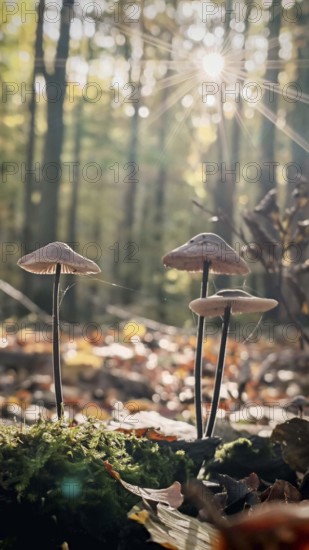 Close-up of mushrooms, Marasmius alliaceus (mycetinis alliaceus) in the forest with sun rays in the background, Hainich National Park