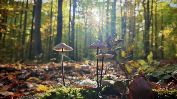 Close-up of mushrooms (mycetinis alliaceus) in the forest with the sun shining through the trees, Hainich National Park