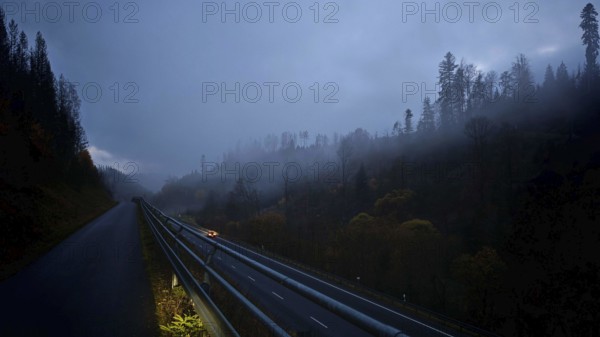 Foggy road at night, surrounded by dark trees, mystical atmosphere, Rennsteig, Upper Franconia