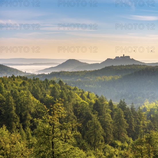 View of endless green forests of Wartburg in the Thuringian Forest in morning light, fog and haze in the valleys, two hot air balloons in the sky, Eisenach, Thuringia, Germany