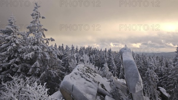 Snow-covered landscape with rocks and trees (picea) in the light of dawn under a cloudy sky, Fichtelgebirge