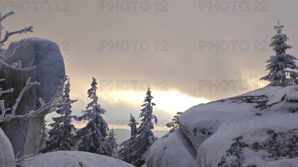 Snowy landscape at dusk with rocks and trees under cloudy sky, Fichtelgebirge