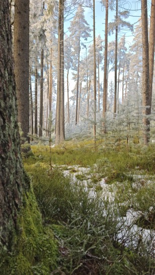 Snow-covered forest with tall trees and moss on the ground, quiet and natural atmosphere, pine trees (abiete), Fichtelgebirge