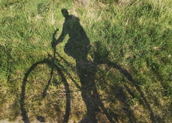 Cyclist's shadow on green grass in sunshine, Havelland
