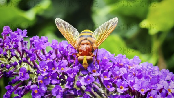 Close-up, hornet hoverfly (volucella zonaria) with detailed pattern on bright purple flowers, Franconian Switzerland