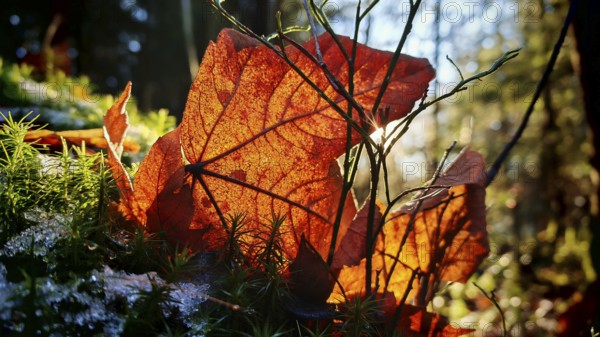 Detailed view of autumn leaves in bright red being illuminated by sunbeams in a forest, Frankenwald nature park Park, Germany