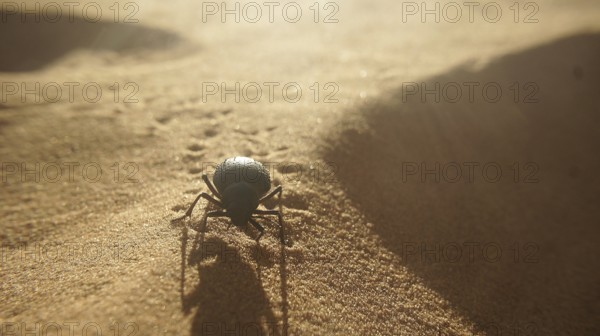 Close-up, beetle (Scarabaeus) crawling over sandy desert in warm, oblique light with clear shadow, southern Morocco