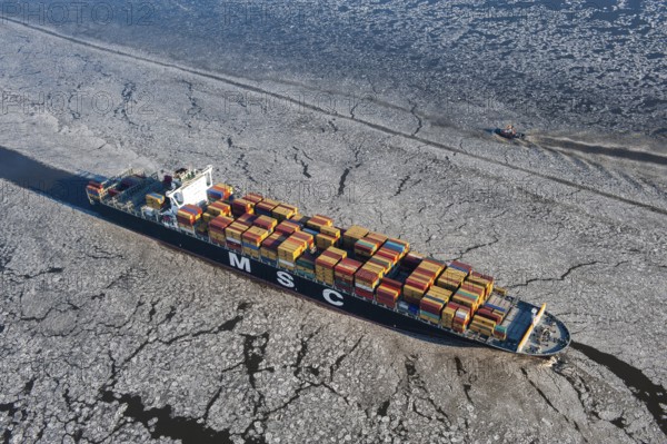 Germany, ship, container ship, commercial shipping, obstruction, freight connection, ice, ice, refrigeration, transport, logistics, sea route, plaice floes, shipping, chartering, freight, economy, aerial view, trade, aerial view, winter, season
