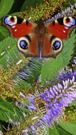 A peacock eye (aglais io) with red wings on a purple flower against a green background, frankenwald nature park