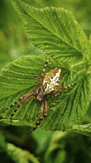 Oak leaf wheel spider (aculepeira ceropegia) with distinctive back on a green leaf in nature, Franconian Forest nature park Park