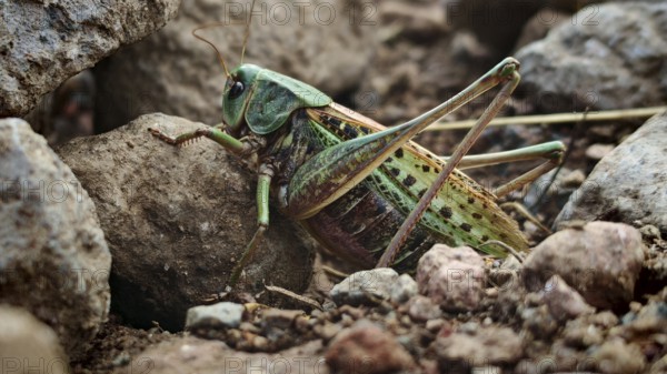 Close-up of a wart-biter (decticus verrucivorus) between stones in a natural environment, Georgia