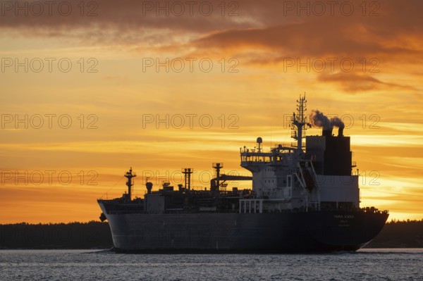 Tanker Yara Kara with home port Oslo, Norway at sunset, archipelago, southwest coast, Finland