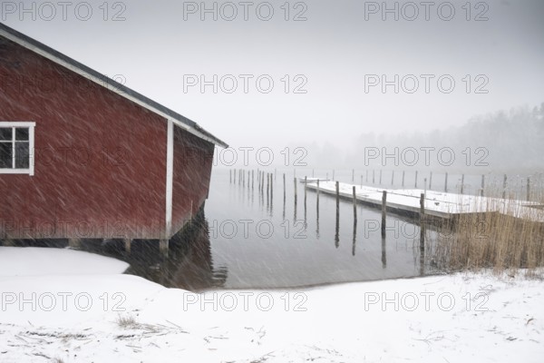 Boathouse and jetty, fresh snowfall, blowing snow, corpo or corppo, southwestern archipelago, Finland