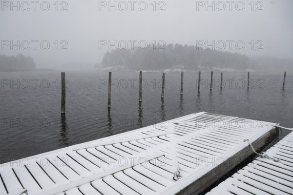 Snowy footbridge, fresh snowfall, blowing snow, Korpo or Korppo, southwestern archipelago, Finland