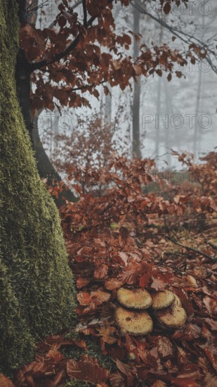 A group of mushrooms on a moss-covered tree in a foggy forest with red leaves, Thuringian Forest