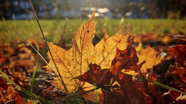 Golden autumn leaf lying in the sun in a meadow, Frankenwald nature park Park