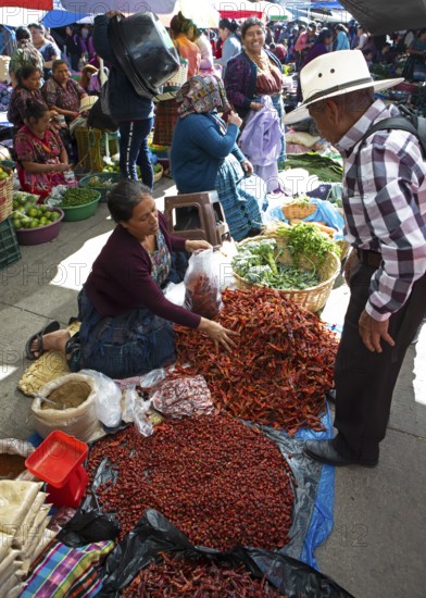 Mayan woman wearing traditional clothes at the market in Sololá, Highlands, Sololá Department, Guatemala