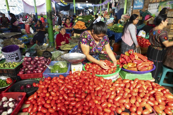 Mayan woman wearing traditional clothes at the market in Sololá, Highlands, Sololá Department, Guatemala