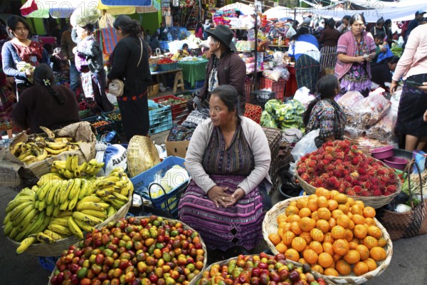 Mayan woman wearing traditional clothes at the market in Sololá, Highlands, Sololá Department, Guatemala