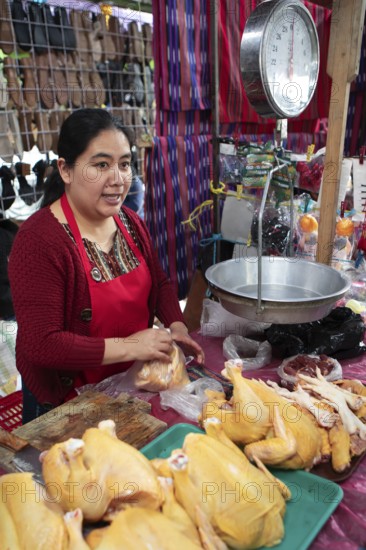 Mayan woman wearing traditional clothing with chicken meat and scales at the market in Sololá, Highlands, Sololá Department, Guatemala