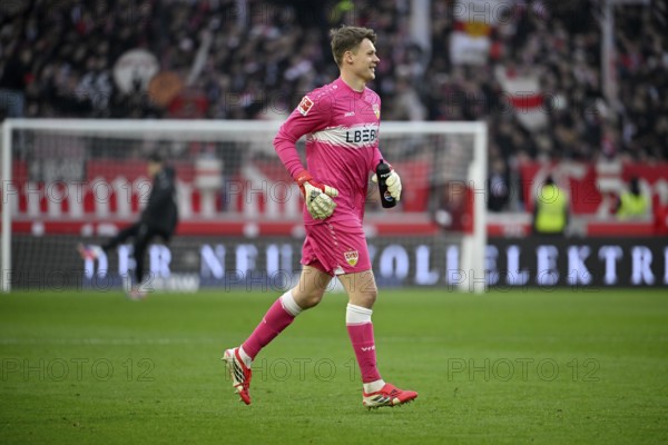 Goalkeeper Alexander Nuebel VfB Stuttgart (33) smiles Football Bundesliga, MHPArena, MHP Arena Stuttgart, Baden-Württemberg, Germany