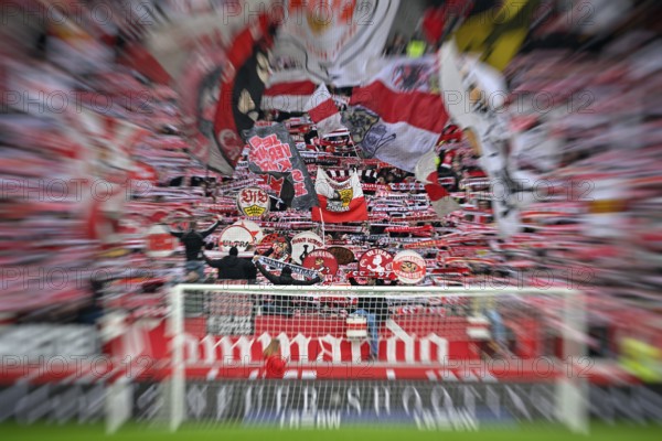 Fan block, fans, fan curve, flags, atmosphere, atmospheric Cannstatt curve VfB Stuttgart zoom effect explosion effect soccer Bundesliga, MHPArena, MHP Arena Stuttgart, Baden-Württemberg, Germany