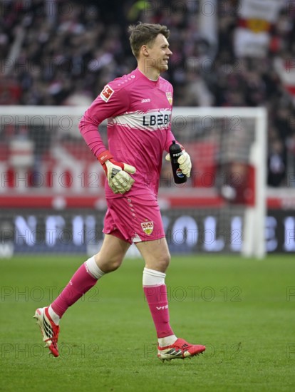 Goalkeeper Alexander Nuebel VfB Stuttgart (33) smiles Football Bundesliga, MHPArena, MHP Arena Stuttgart, Baden-Württemberg, Germany