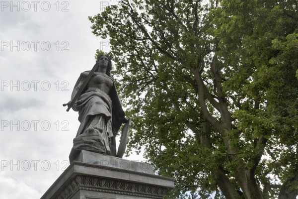 Restored Germania monument, Germania statue with sword, base with inscription, symbol, German unity, sculptor Gustav Eberle, Neuhaus, Neuhaus district, Lower Saxony Elbe floodplain biosphere reserve, Lower Saxony, Germany