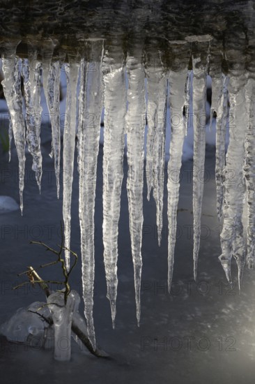 Ice crystals, icicles, frozen watercourse, Carinthia