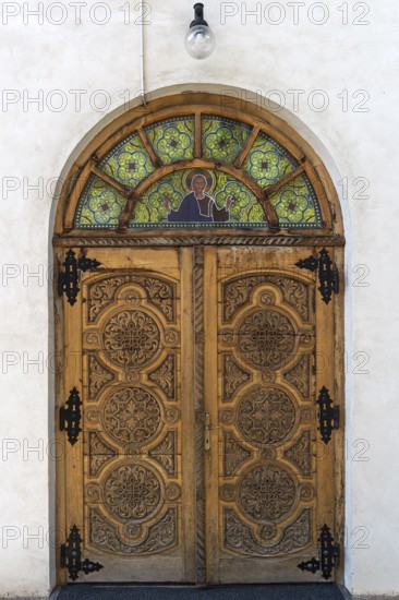 Carved main entrance to Romanian Orthodox monastery Bogdana, Radauti, Romania