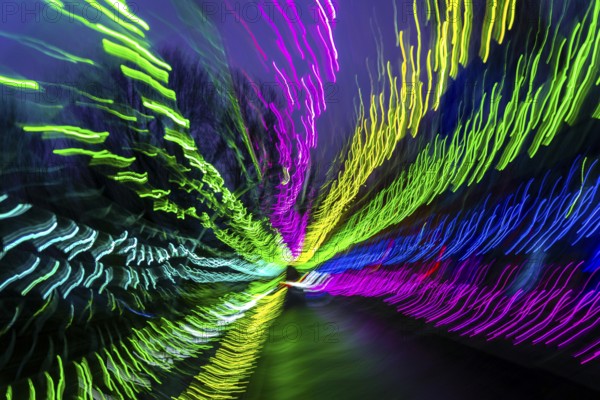 Light, tunnel, in motion, light tunnel, changes light color, light installation at park lights in Gruga Park in Essen