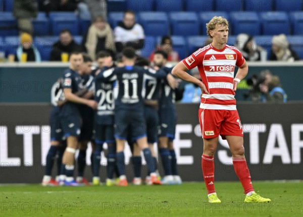 Goal celebration TSG 1899 Hoffenheim, Leopold Querfeld 1. FC Union Berlin FCU (14) disappointed, Football, Bundesliga, PreZero Arena, Sinsheim, Baden-Württemberg, Germany