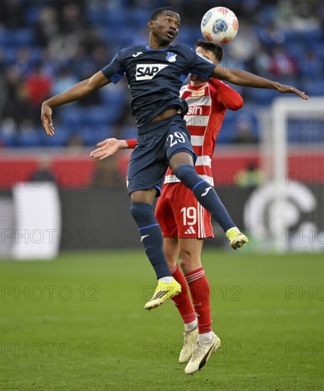 Bazoumana Toure TSG 1899 Hoffenheim (29) v Janik Haberer 1. FC Union Berlin FCU (19) Football, Bundesliga, PreZero Arena, Sinsheim, Baden-Württemberg, Germany