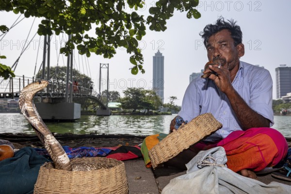 Man conjuring cobra with wind instrument at the river, urban background