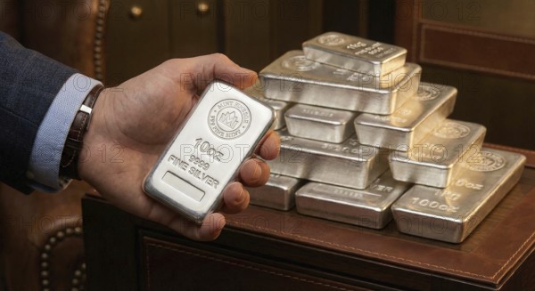 Fine silver bar, with neatly stacked silver bullion bars arranged behind it, symbolising precious metal investment, wealth preservation, and commodity trading, AI generated