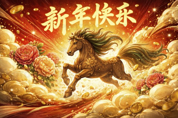 A vibrant illustration of a fiery red horse racing through a traditional Chinese landscape, symbolising strength, energy, and good fortune for the Year of the Horse 2026 during the Lunar New Year celebration, AI generated