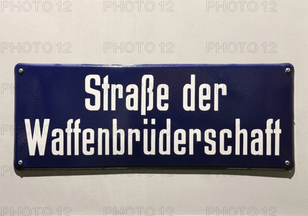 Straße der Waffenbrüderschaft, historic street sign from Halle an der Saale in GDR times, today an exhibit in the House of History, Bonn, Germany