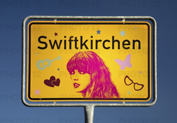 Ortschild Swiftkirchen, temporary nickname for the city of Gelsenkirchen at Taylor Swift's concerts in July 2024 at the Arena on Schalke, Germany