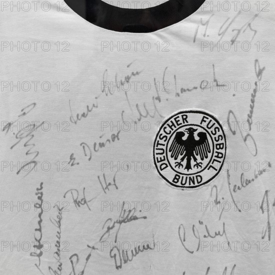 Original shirt, German Football Association with signatures after winning the World Cup in 1974 in the Federal Republic, House of History, Bonn, North Rhine-Westphalia, Germany