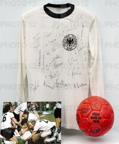 Original shirt, German Football Association with signatures after winning the World Cup in 1974 with photo and original ball, House of History, Bonn, Germany