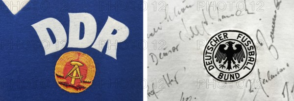 Original jerseys of the two soccer teams from Germany at the 1974 World Cup, House of History, Bonn, Germany, photo pair, comparison