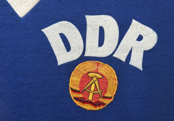Original shirt of the GDR soccer team at the 1974 World Cup by Jürgen Sparwasser in Germany, detail, House of History, Bonn, North Rhine-Westphalia, Germany