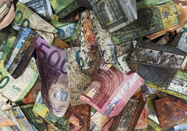Banknotes destroyed and became worthless as a result of the flood disaster 2021, detail, House of History Bonn, North Rhine-Westphalia, Germany