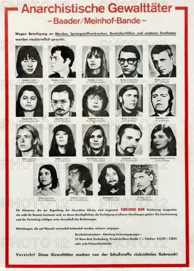 German wanted poster with mug shots of terrorists from the Baader Meinhof Group, Red Army Faction, Germany