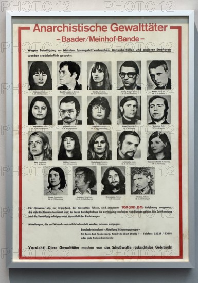 German wanted poster with mug shots of terrorists from the Baader Meinhof Group, Red Army Faction, House of History, Bonn, Germany