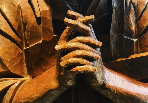 Wooden sculpture with praying hands of Saint Joseph from the Catholic church of the same name in Wolfsburg, detail, House of History, Bonn, Germany