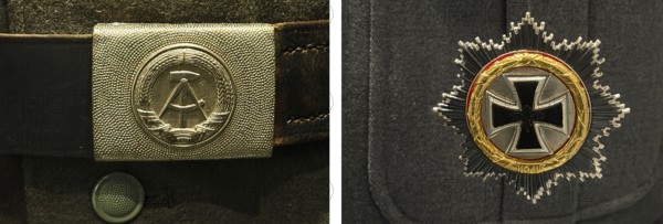 National People's Army uniform with GDR coat of arms and Bundeswehr uniform with the Iron Cross, detail, House of History, Bonn, Germany, pair of pictures, comparison
