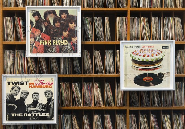 Records by Pink Floyd, the Rattels and the Rolling Stones with more records on the shelf, former record store from the 1970s, Haus der Geschichte, Bonn