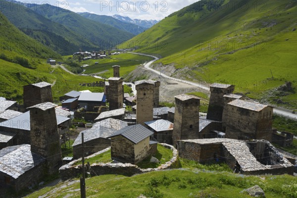 Historic village with many towers, located in a green mountain valley, defensive towers, Ushguli, Ushguli, Chazhashi district, Mingrelia region and Upper Svaneti, Svaneti, Georgia