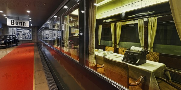 View of Deutsche Reichsbahn salonwagen 10205 with Adenauer's Mercedes 300 in the background, House of History, Bonn, North Rhine-Westphalia, Germany